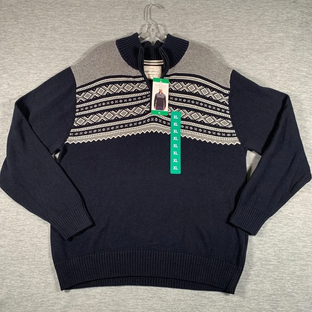 Weatherproof Vintage Sweater Mens XL Navy‎ Fair Isle 1/4 Zip Mock Neck Pullover